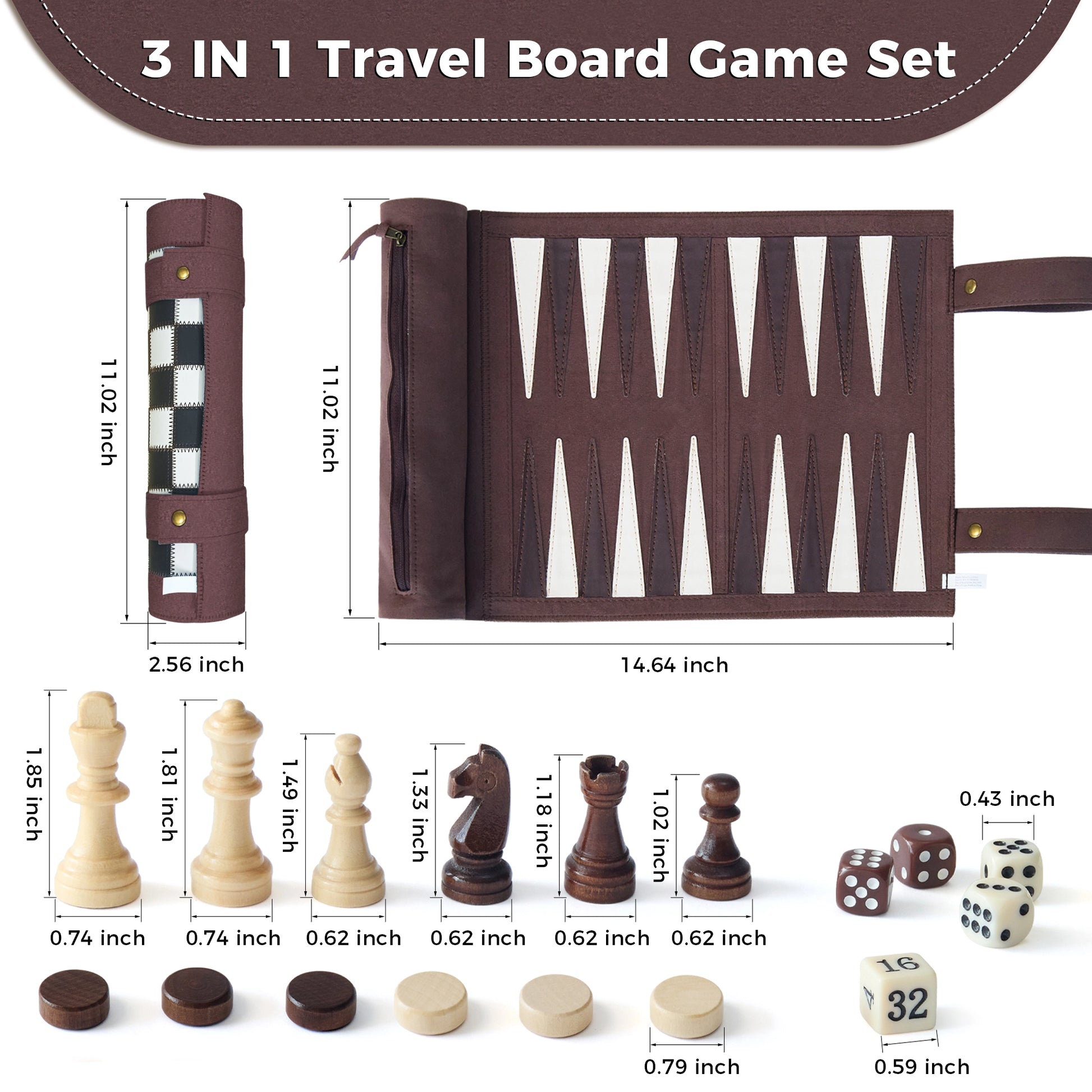 Travel game set dimensions and component specs diagram, showing chess piece sizes and portable roll-up design.