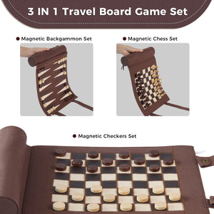 3-in-1 travel board game set featuring magnetic backgammon, chess, and checkers, perfect for on-the-go entertainment.