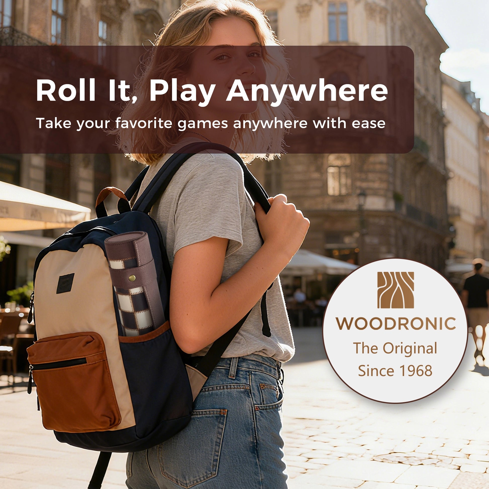 Woman with backpack carrying a rolled travel game set, ideal for on-the-go play and travel.