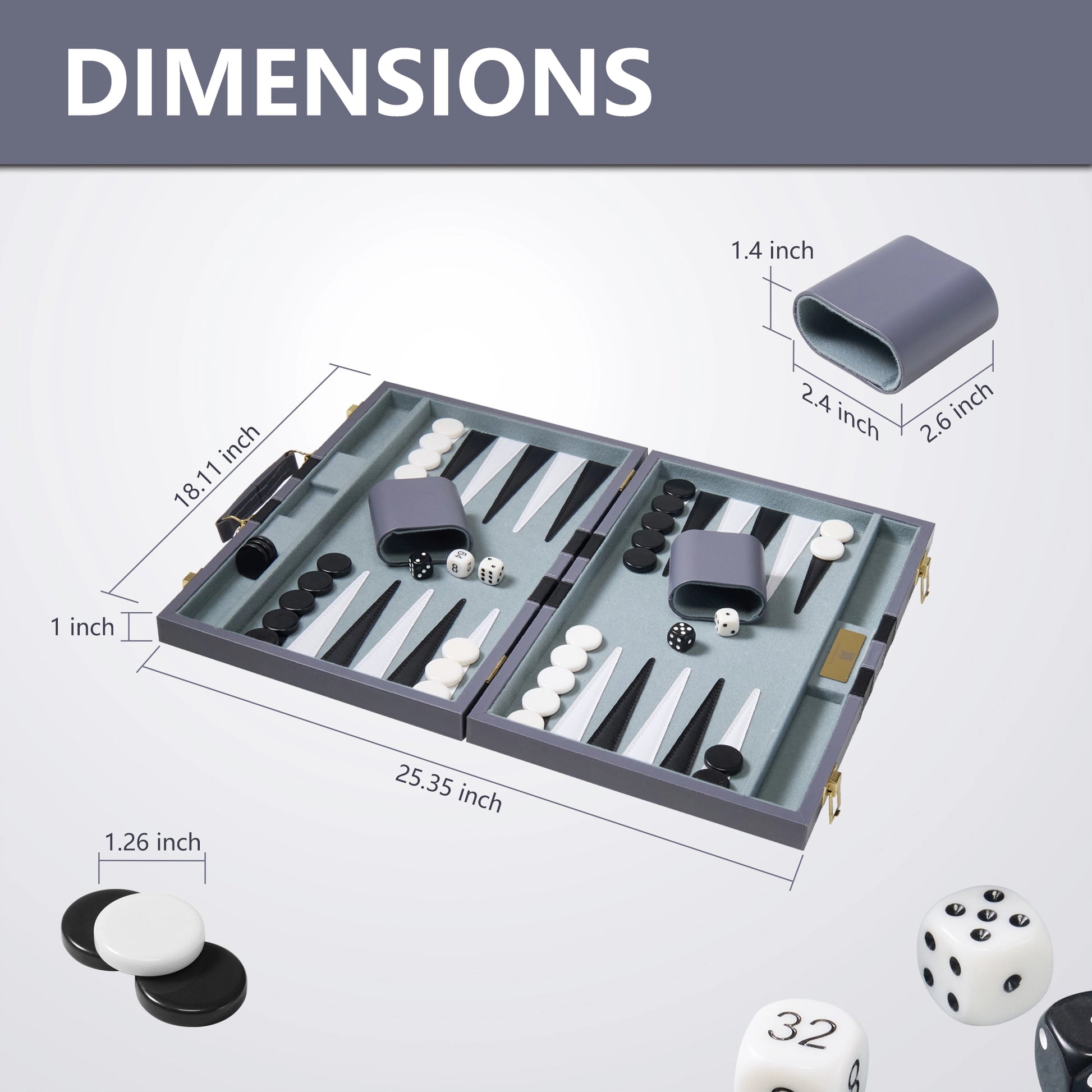 25.35-inch extra large gray backgammon set dimensions: 25.35x18.11x1 inches, with 1.26-inch checkers for stylish home decor.