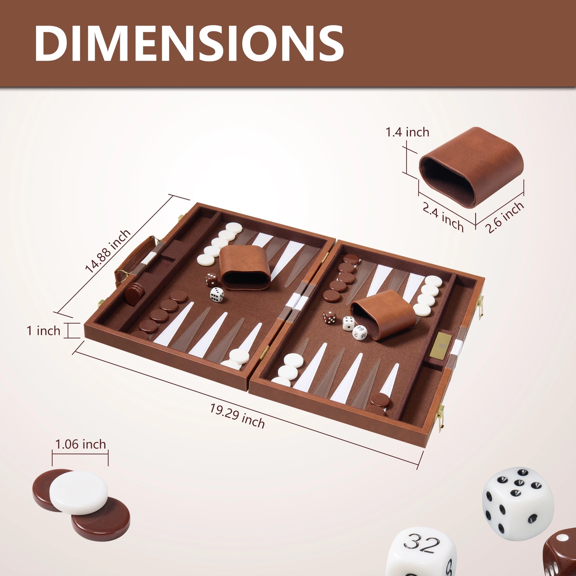 19.29-inch large brown backgammon set dimensions: 19.29x14.88x1 inches, with 1.06-inch checkers for family game nights.
