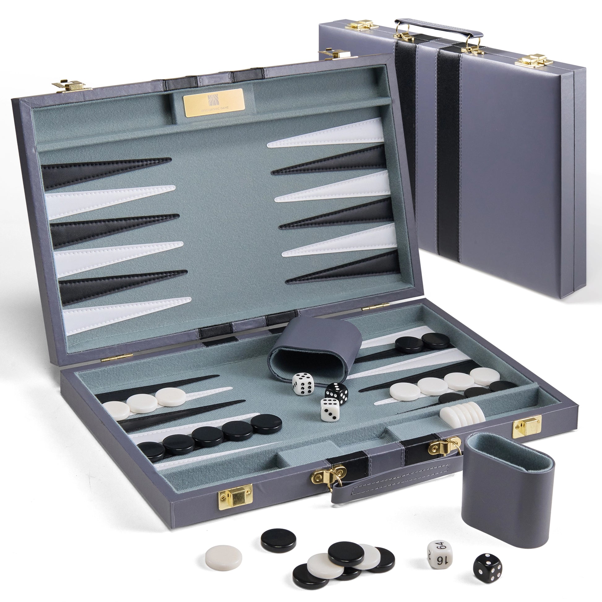 Gray PU leather foldable backgammon set with black stripes, felt lining, and brass hinges, ideal for modern home decor.