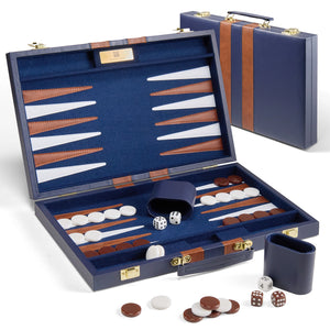 Navy blue PU leather foldable backgammon set with felt lining, brass hinges, and briefcase design, ideal for travel and display.