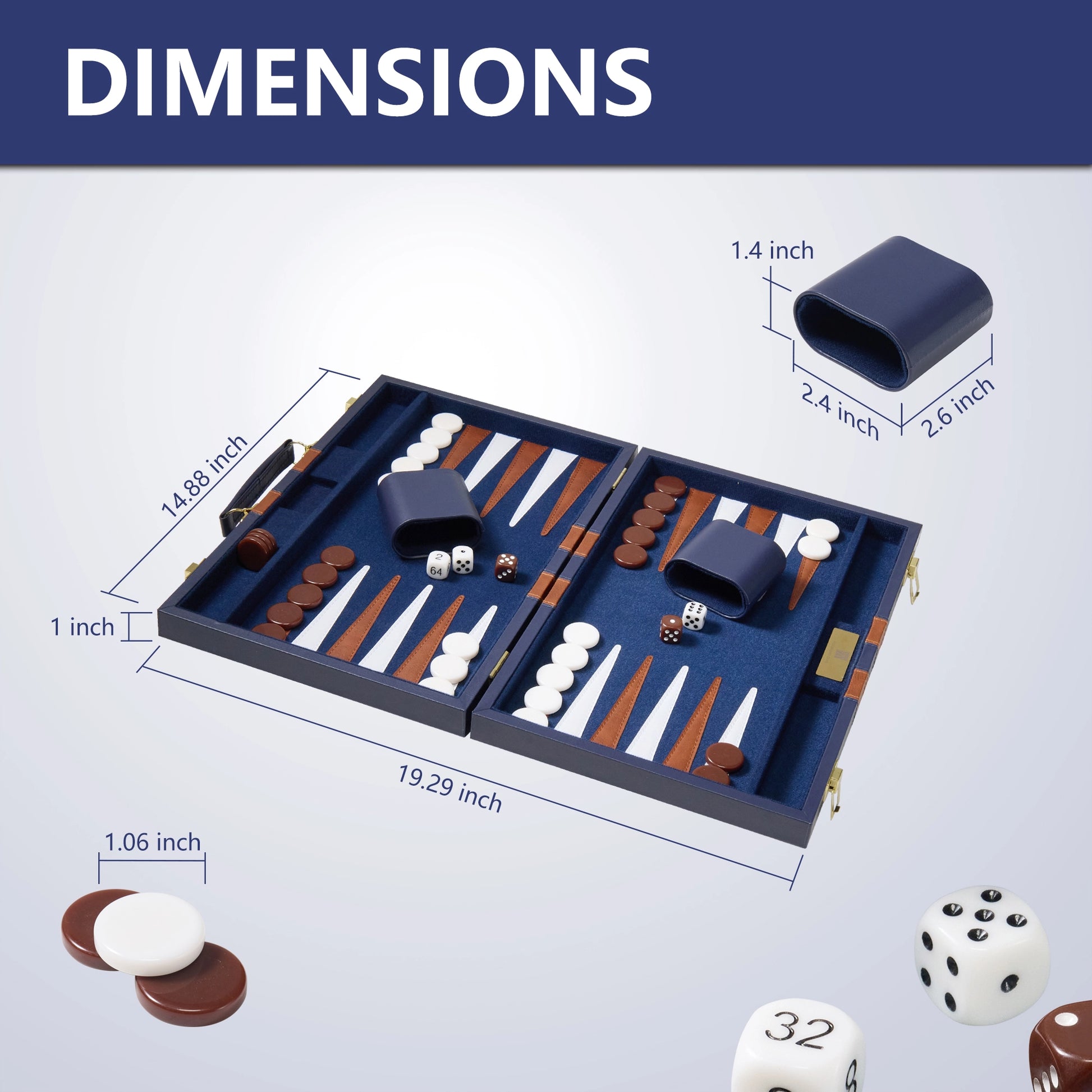 19.29-inch large navy backgammon set dimensions: 19.29x14.88x1 inches, with 1.06-inch checkers for family game nights.