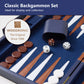 Close-up of Woodronic classic backgammon set, featuring "The Original Since 1968" branding and premium felt board for collection.