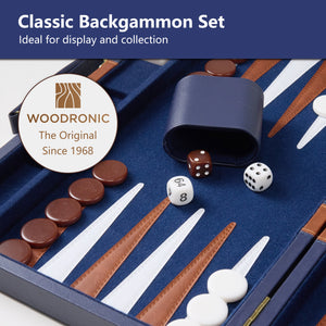Close-up of Woodronic classic backgammon set, featuring "The Original Since 1968" branding and premium felt board for collection.