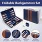 Foldable backgammon set infographic highlighting premium PU leather, durable brass hinges, felt lining, and briefcase style.