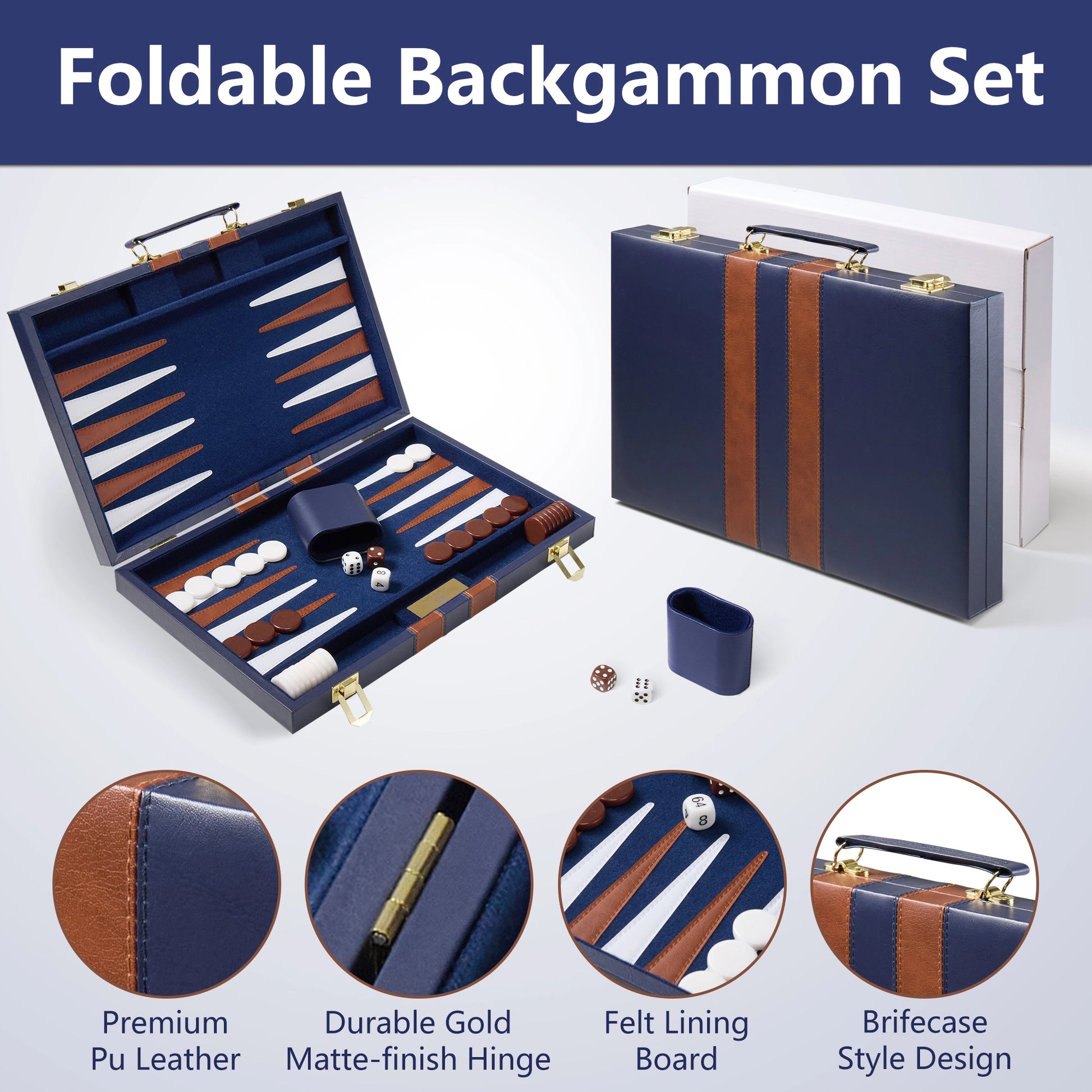 Foldable backgammon set infographic highlighting premium PU leather, durable brass hinges, felt lining, and briefcase style.