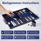Step-by-step backgammon rules guide with gameplay demo on navy blue set, perfect for beginners and family play.