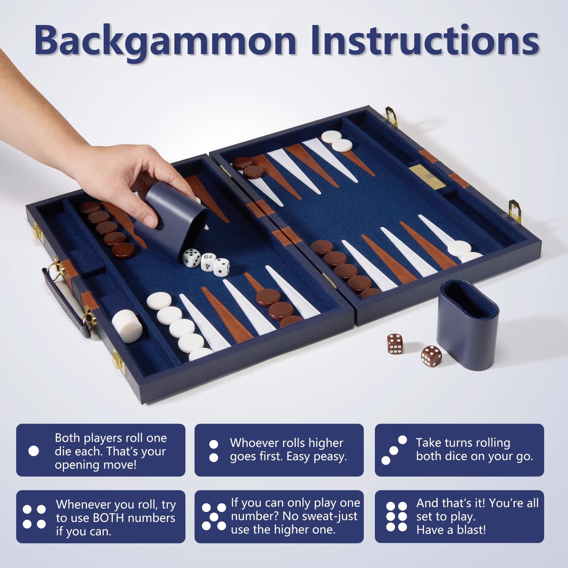 Step-by-step backgammon rules guide with gameplay demo on navy blue set, perfect for beginners and family play.