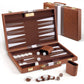 Brown PU leather foldable backgammon set with white stripes, felt lining, and brass hardware, perfect for classic gifting.