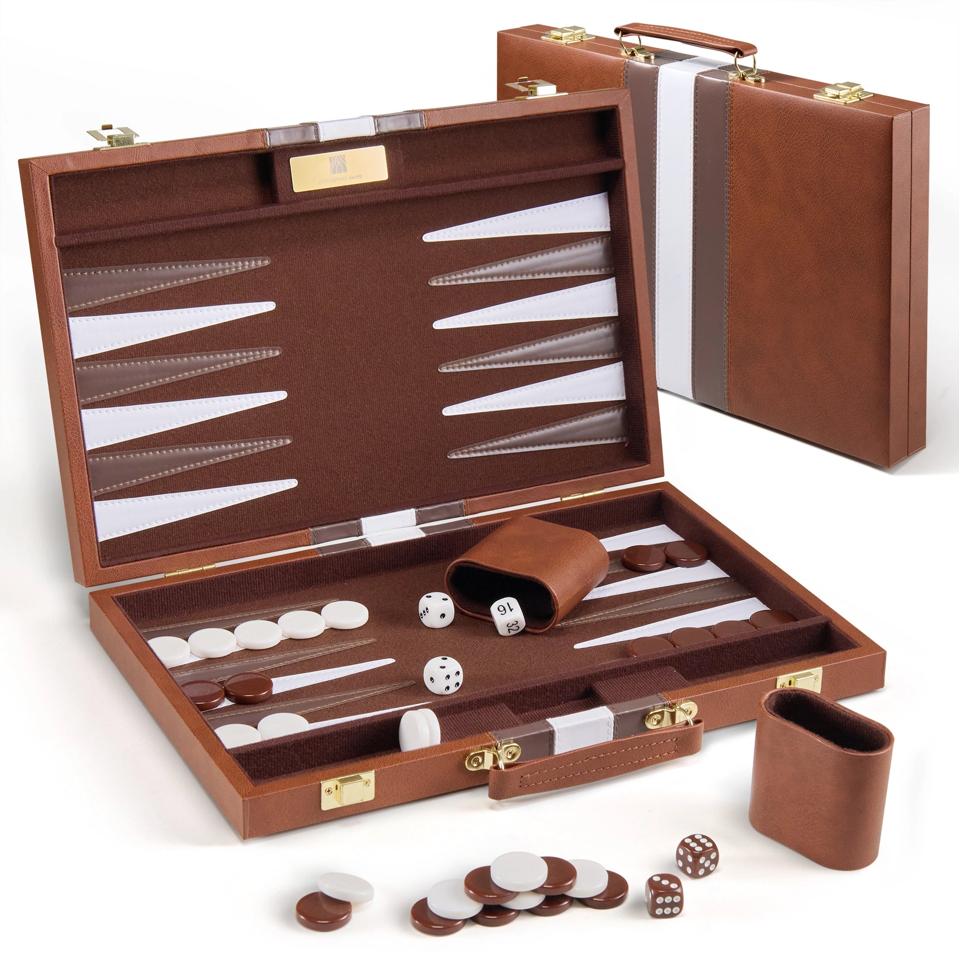 Brown PU leather foldable backgammon set with white stripes, felt lining, and brass hardware, perfect for classic gifting.