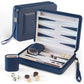 Navy blue PU leather travel backgammon set with felt lining and magnetic wooden checkers.