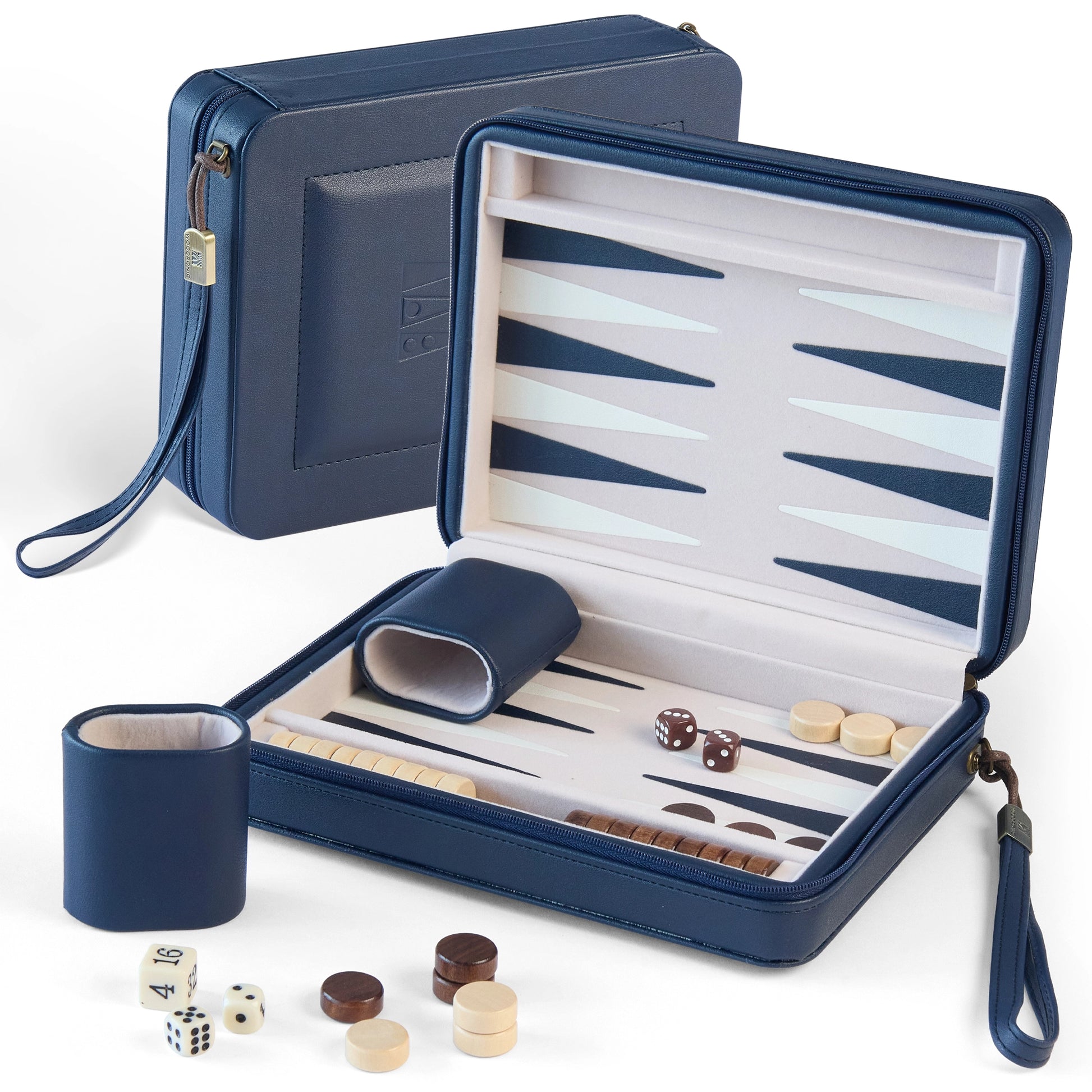 Navy blue PU leather travel backgammon set with felt lining and magnetic wooden checkers.