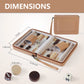 Travel backgammon set dimensions diagram showing portable size and component measurements.