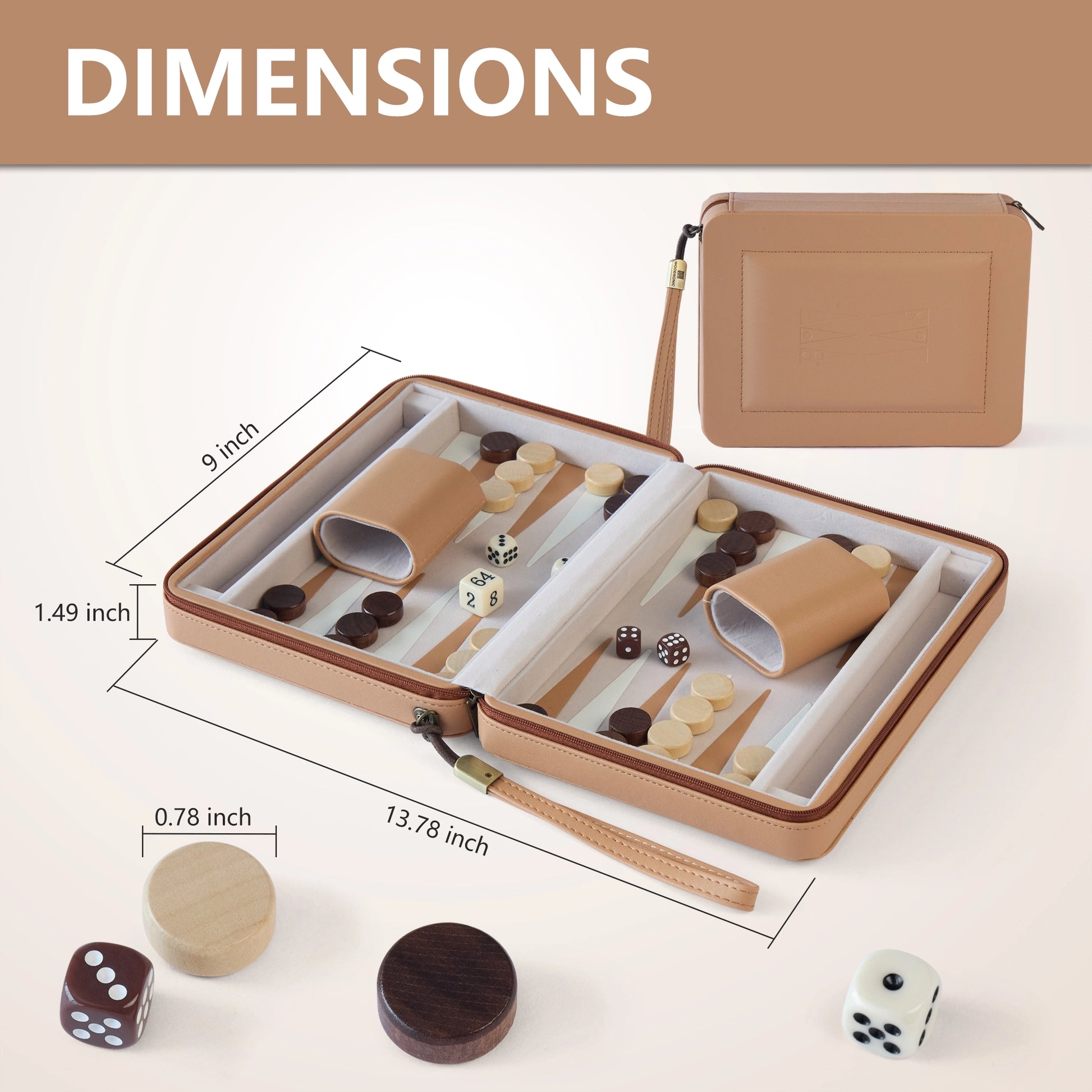 Travel backgammon set dimensions diagram showing portable size and component measurements.