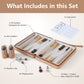 Complete travel backgammon set contents infographic with all components listed.