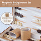 Magnetic backgammon set close-up with Woodronic brand logo, ideal for travel and collection.