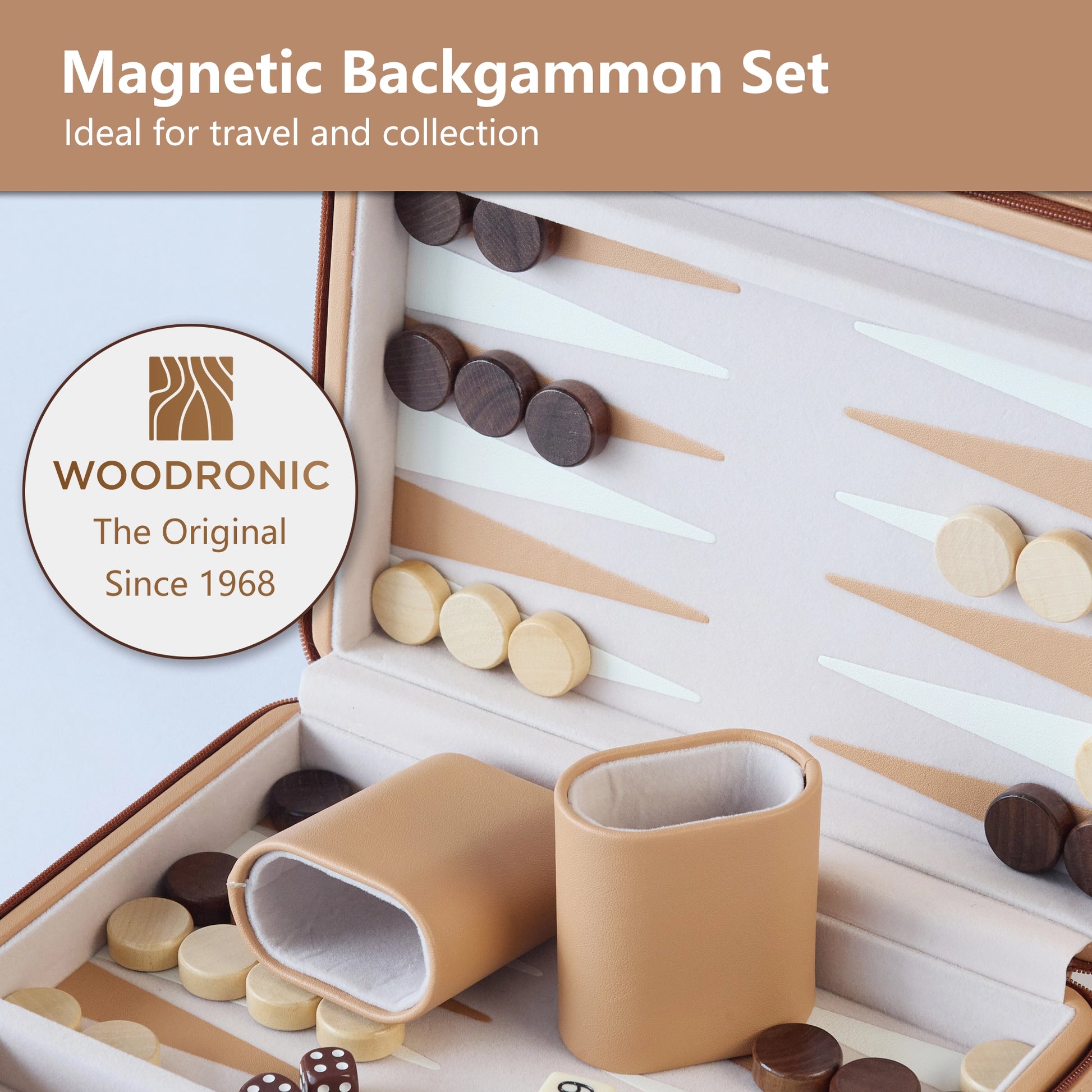 Magnetic backgammon set close-up with Woodronic brand logo, ideal for travel and collection.