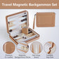 Infographic of tan travel backgammon set showcasing premium PU leather and magnetic features.