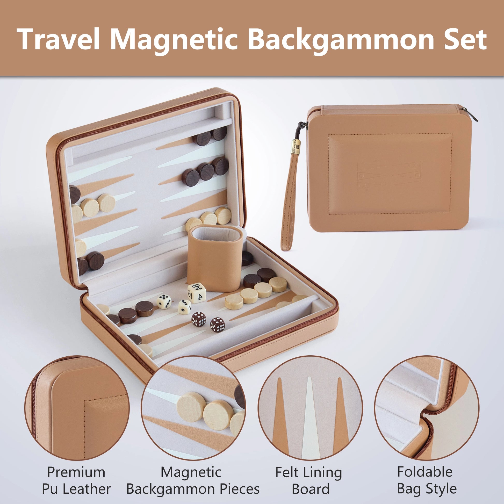 Infographic of tan travel backgammon set showcasing premium PU leather and magnetic features.