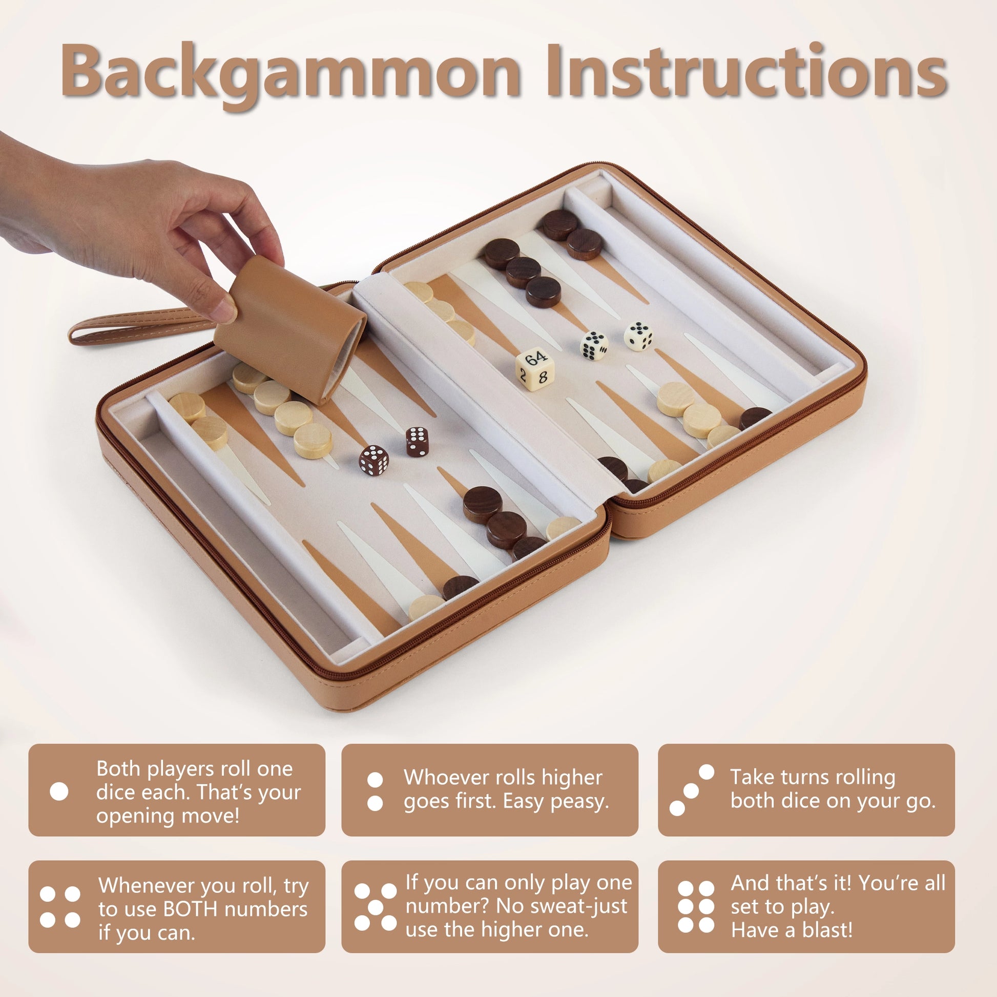 Backgammon instructions guide with step-by-step rules for the portable travel set.
