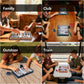 Collage of backgammon set usage in family, club, outdoor, and travel scenarios.