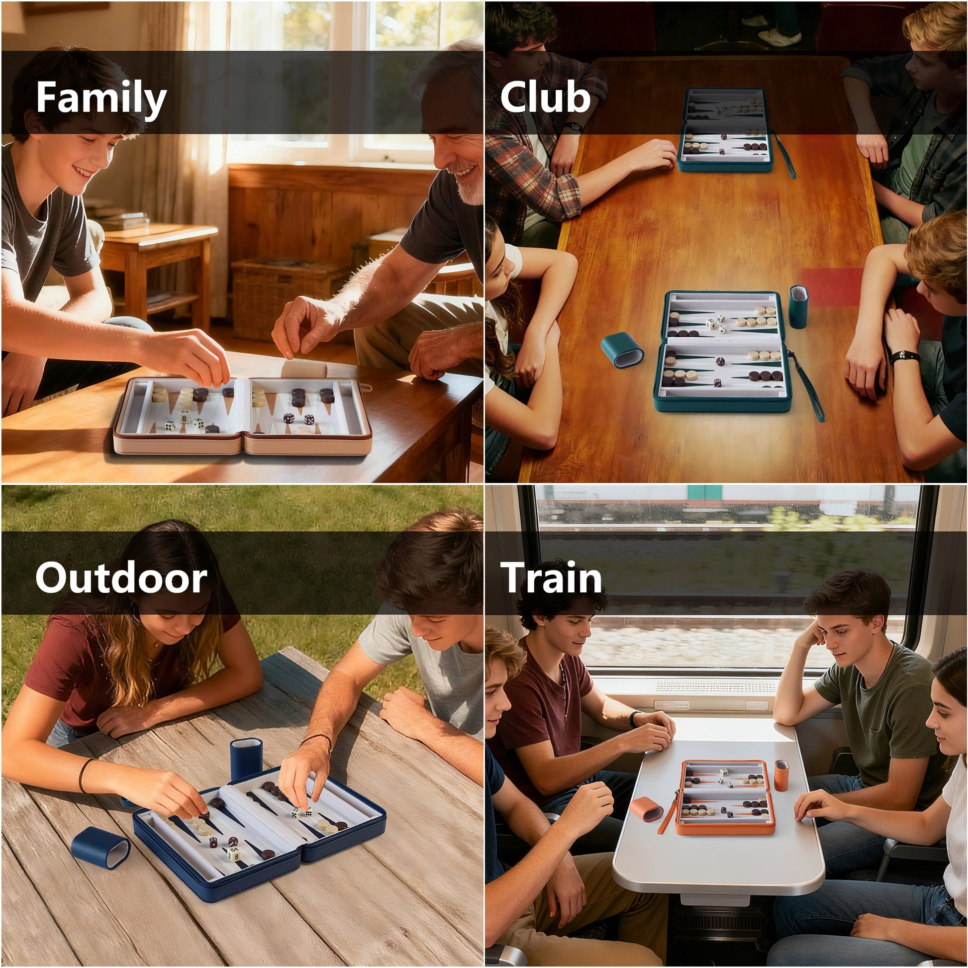 Collage of backgammon set usage in family, club, outdoor, and travel scenarios.