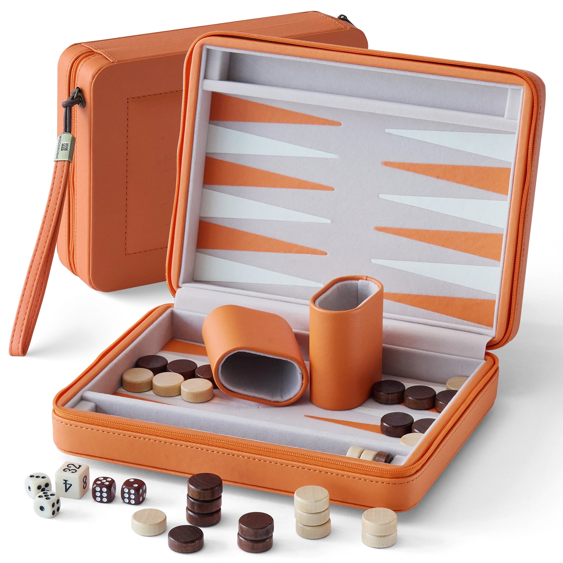 Orange PU leather travel backgammon set with felt lining and magnetic wooden pieces, ideal for portable play.