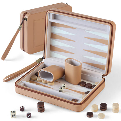 Tan PU leather travel backgammon set with felt lining and magnetic pieces, ideal for portable play.