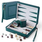 Green PU leather travel backgammon set with felt lining and magnetic wooden checkers.