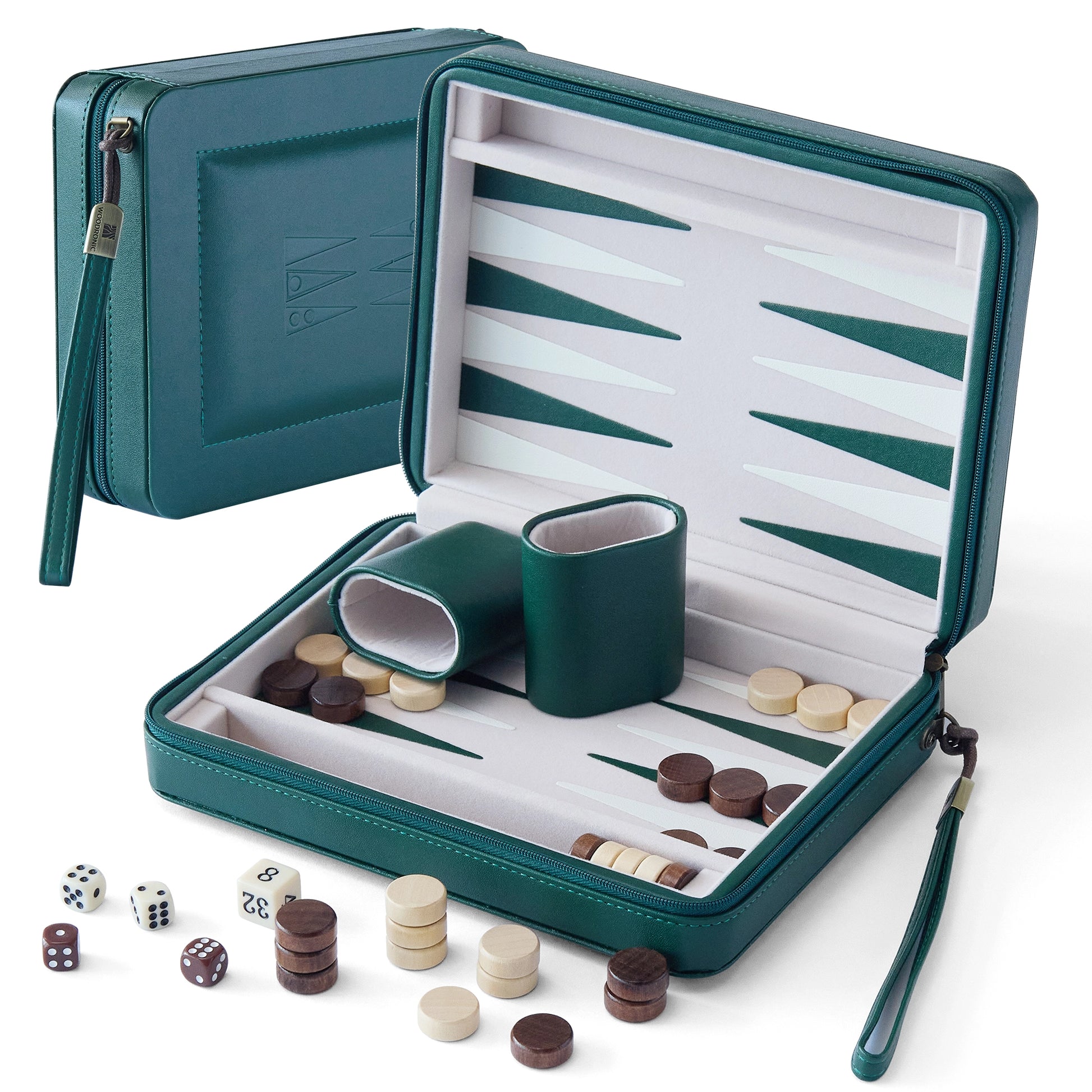 Green PU leather travel backgammon set with felt lining and magnetic wooden checkers.