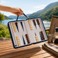 Magnetic teak wood backgammon pieces staying securely on the board
