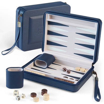 9-inch magnetic travel backgammon set with teak wood pieces