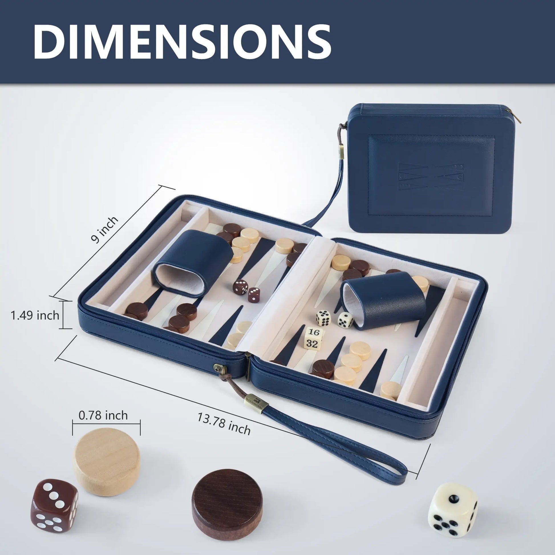Dimension infographic for a travel backgammon set, showing the open case size (13.78" x 9" x 1.49") and checker size (0.78" diameter).