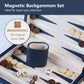 Close-up of a Woodronic magnetic backgammon set, highlighting the felt-lined board, magnetic wooden checkers, and brand logo, with text "Magnetic Backgammon Set Ideal for travel and collection".