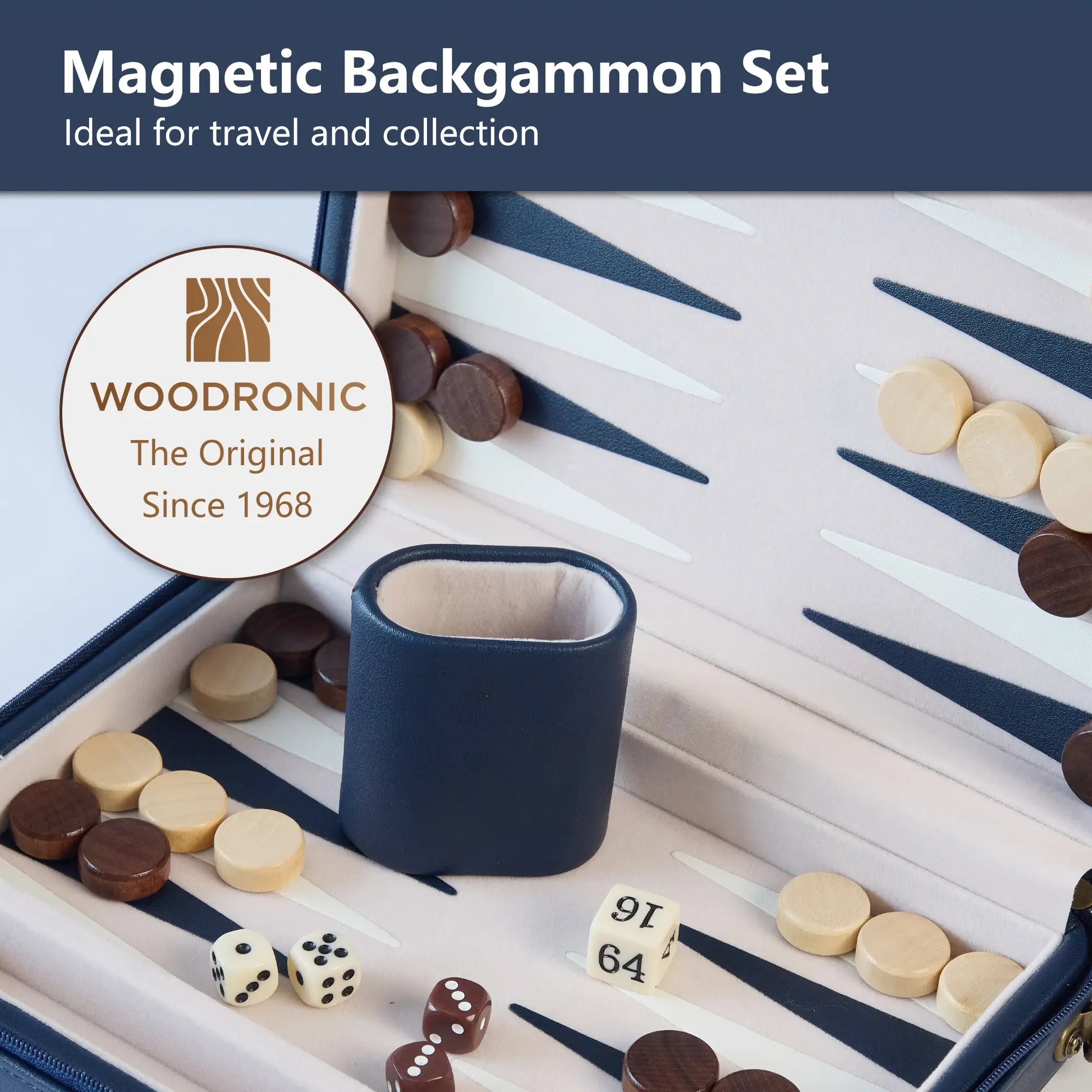 Close-up of a Woodronic magnetic backgammon set, highlighting the felt-lined board, magnetic wooden checkers, and brand logo, with text "Magnetic Backgammon Set Ideal for travel and collection".