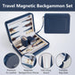 Open magnetic travel backgammon board with wooden checkers