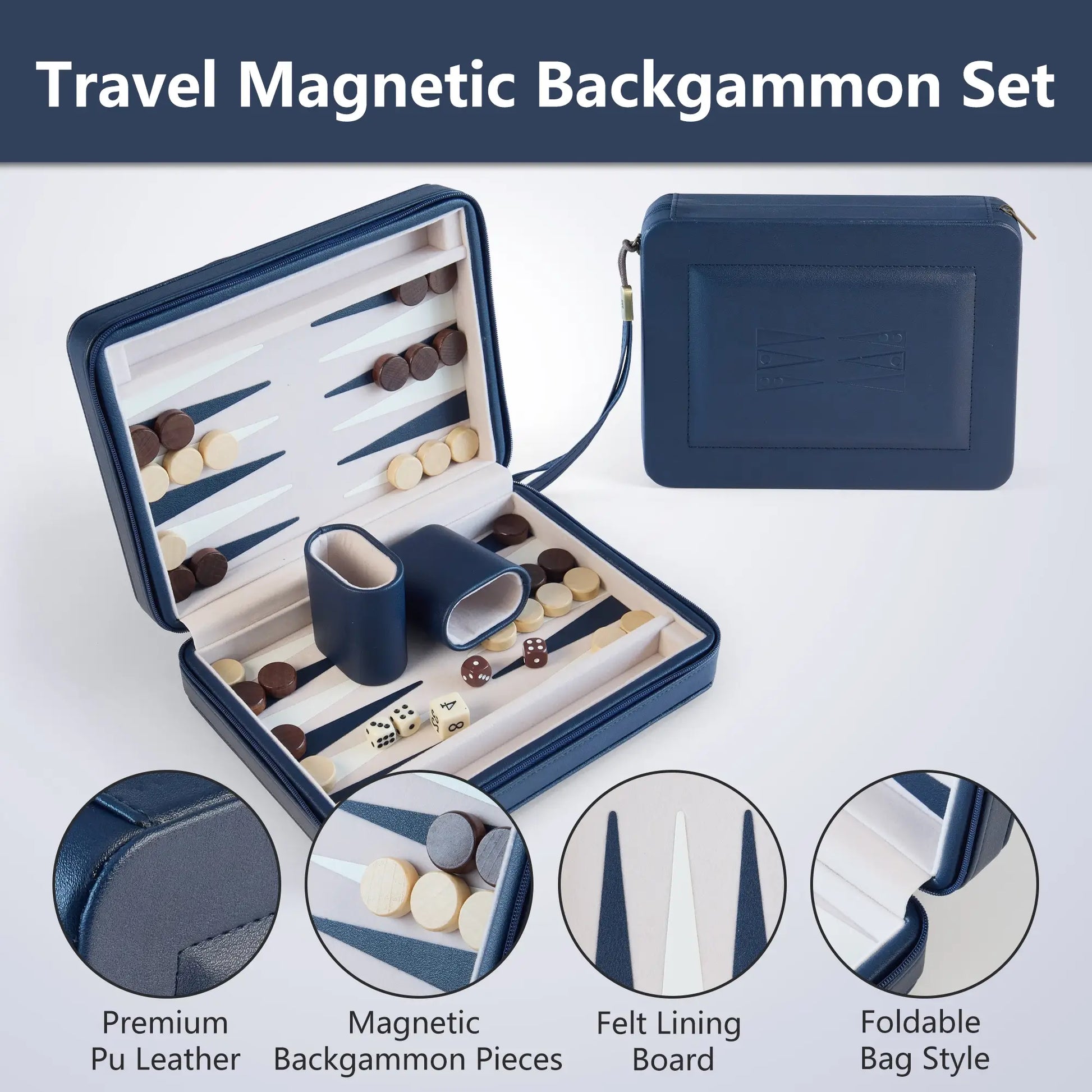 Open magnetic travel backgammon board with wooden checkers