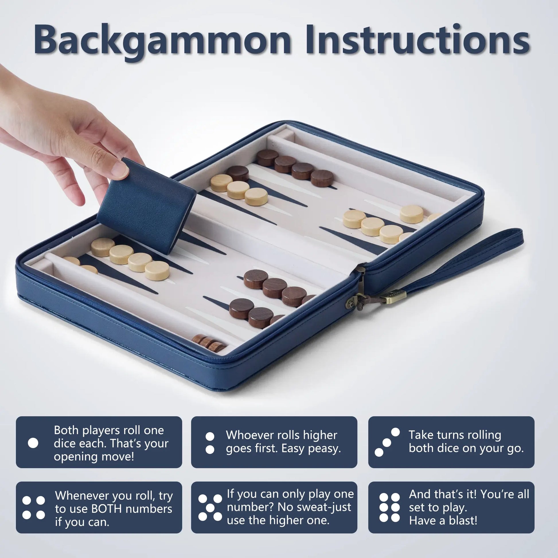 Open magnetic travel backgammon board with wooden checkers
