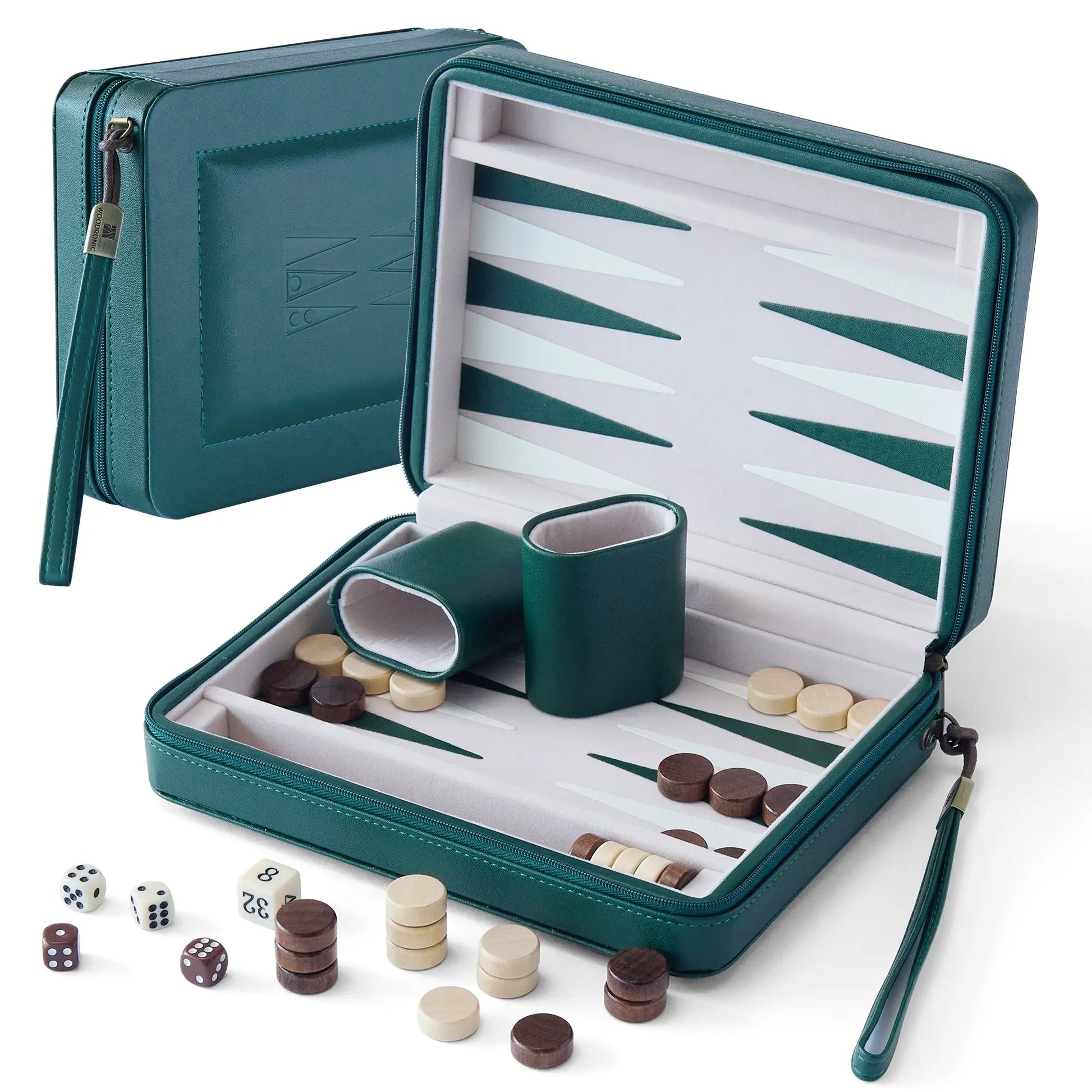 Flat lay of a deep green PU leather travel backgammon set, showcasing the felt-lined board, magnetic wooden pieces, and compact zippered case with a wrist strap.