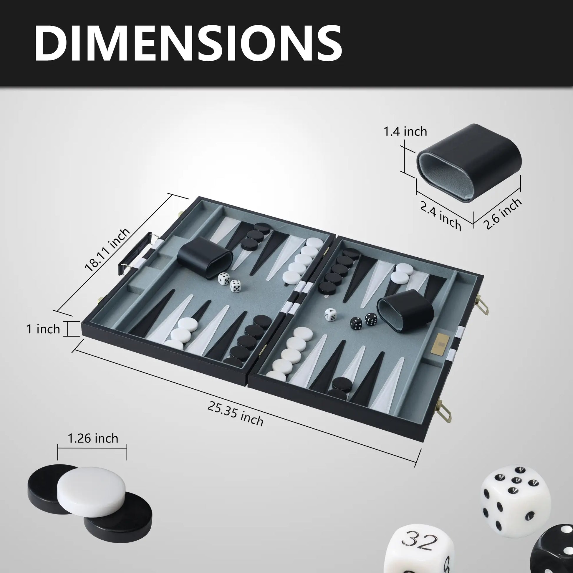 25.35-inch extra large black backgammon set dimensions: 25.35x18.11x1 inches, with 1.26-inch checkers for stylish home decor.