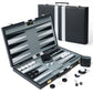 Black PU leather foldable backgammon set with black stripes, felt lining, and brass hinges, ideal for modern home decor.