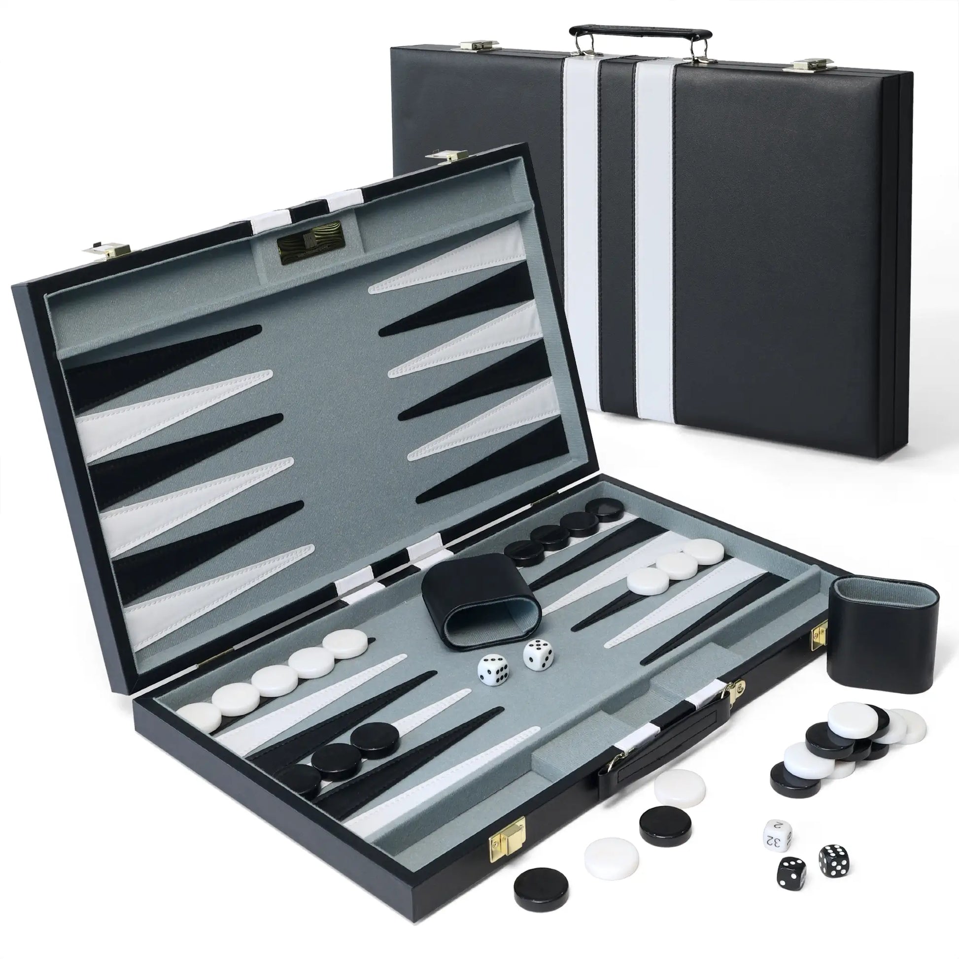 Black PU leather foldable backgammon set with black stripes, felt lining, and brass hinges, ideal for modern home decor.