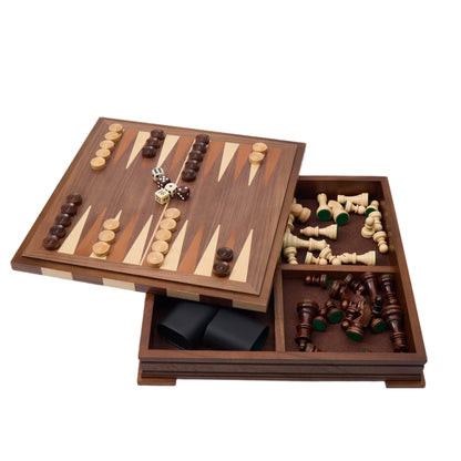 WA-5088 | 14 Inch Wooden Combo Game Set – Chess, Backgammon & Checkers with Solid Wood Pieces