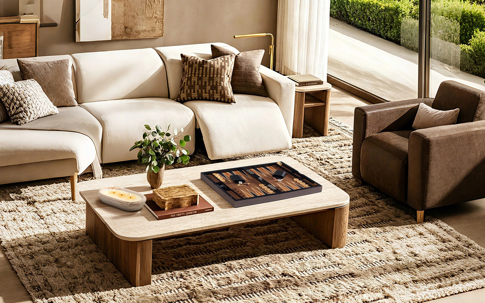 warm neutral living room styling with decorative wooden objects