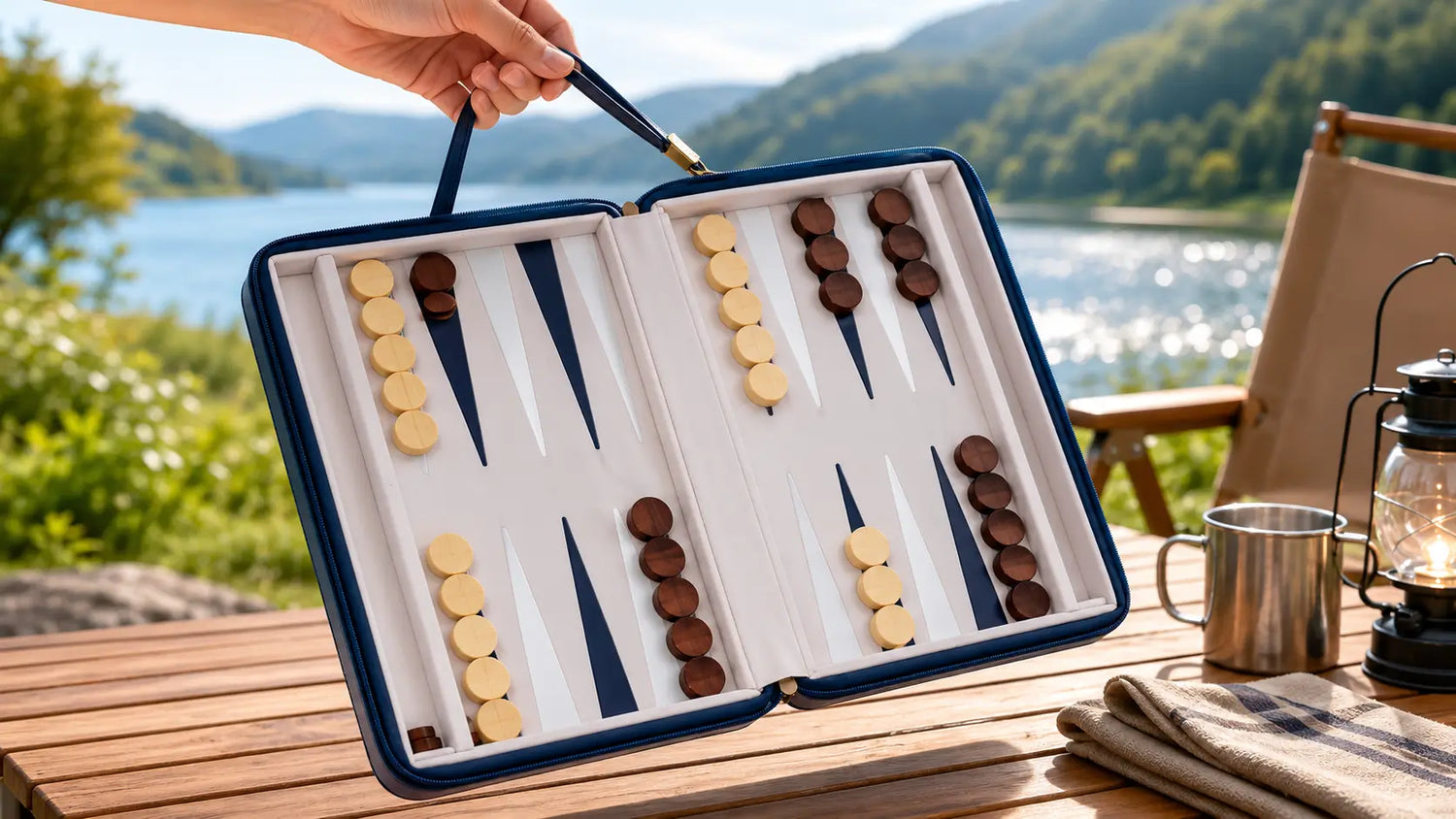 Magnetic teak wood backgammon pieces staying securely on the board