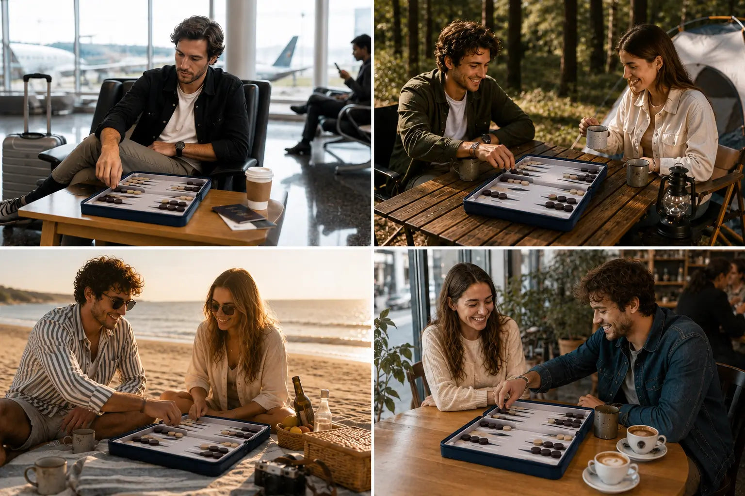 Compact magnetic backgammon set on an airplane tray table
Magnetic travel backgammon game on an outdoor camping table