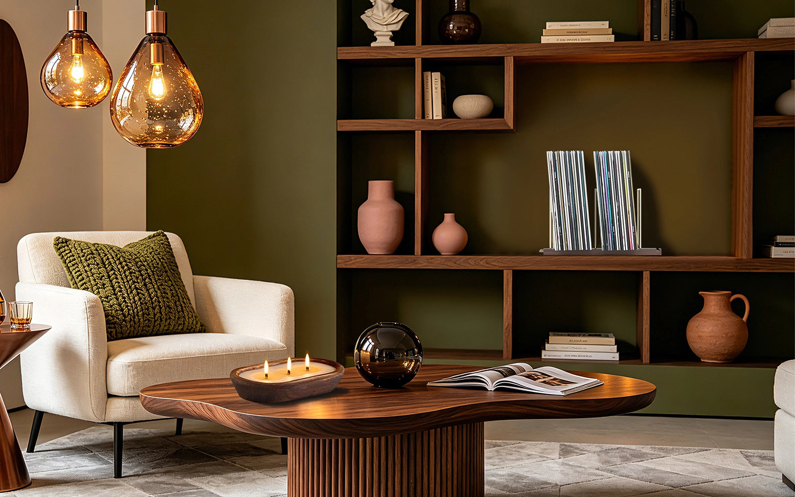 cozy reading corner with candle and record stand