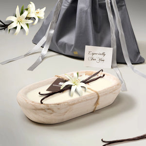 Vanilla-scented white-washed wooden dough bowl candle, gift-ready with lily and vanilla accents, perfect for cozy home decor.